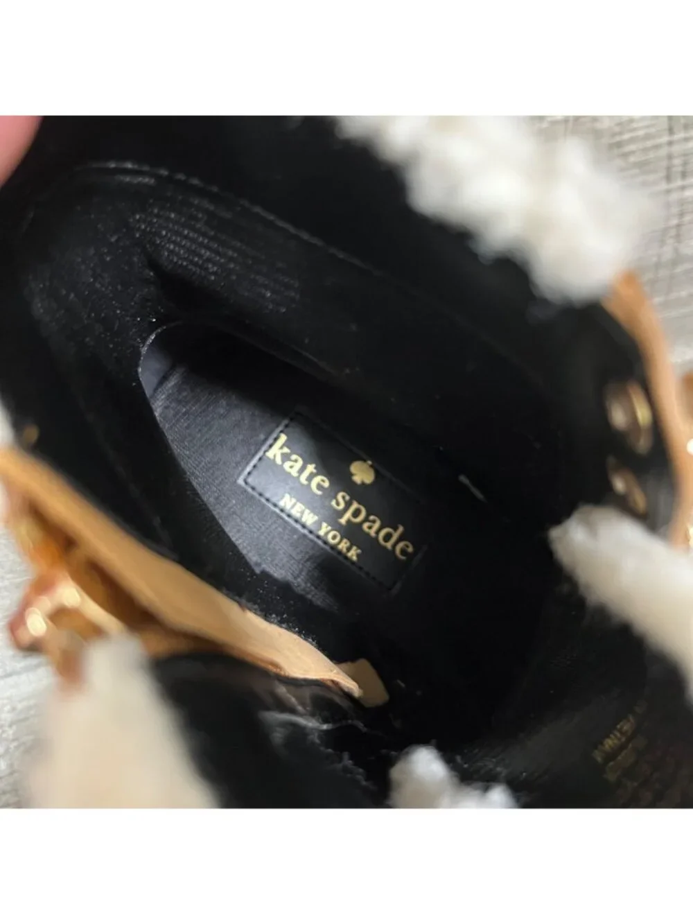Kate Spade Raegan Classic Saddle Lace Up Boots Faux Fur NIB Brown Women’s Sz 7